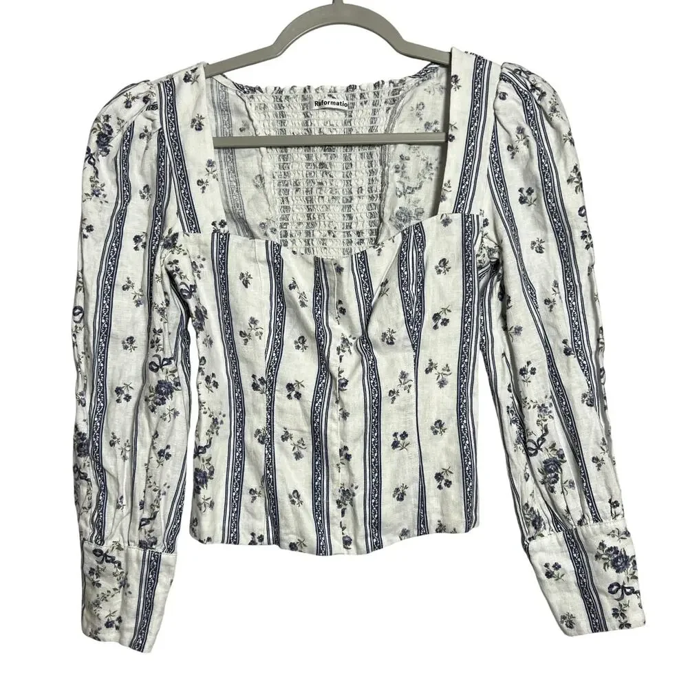 Reformation Linen Smocked Back Puff Sleeve Top Size 2 White Blue Floral USA
